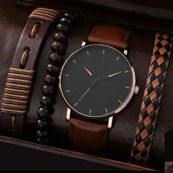 4pcs of brown and black  leather watch and bracelet - Picture 12 of 12